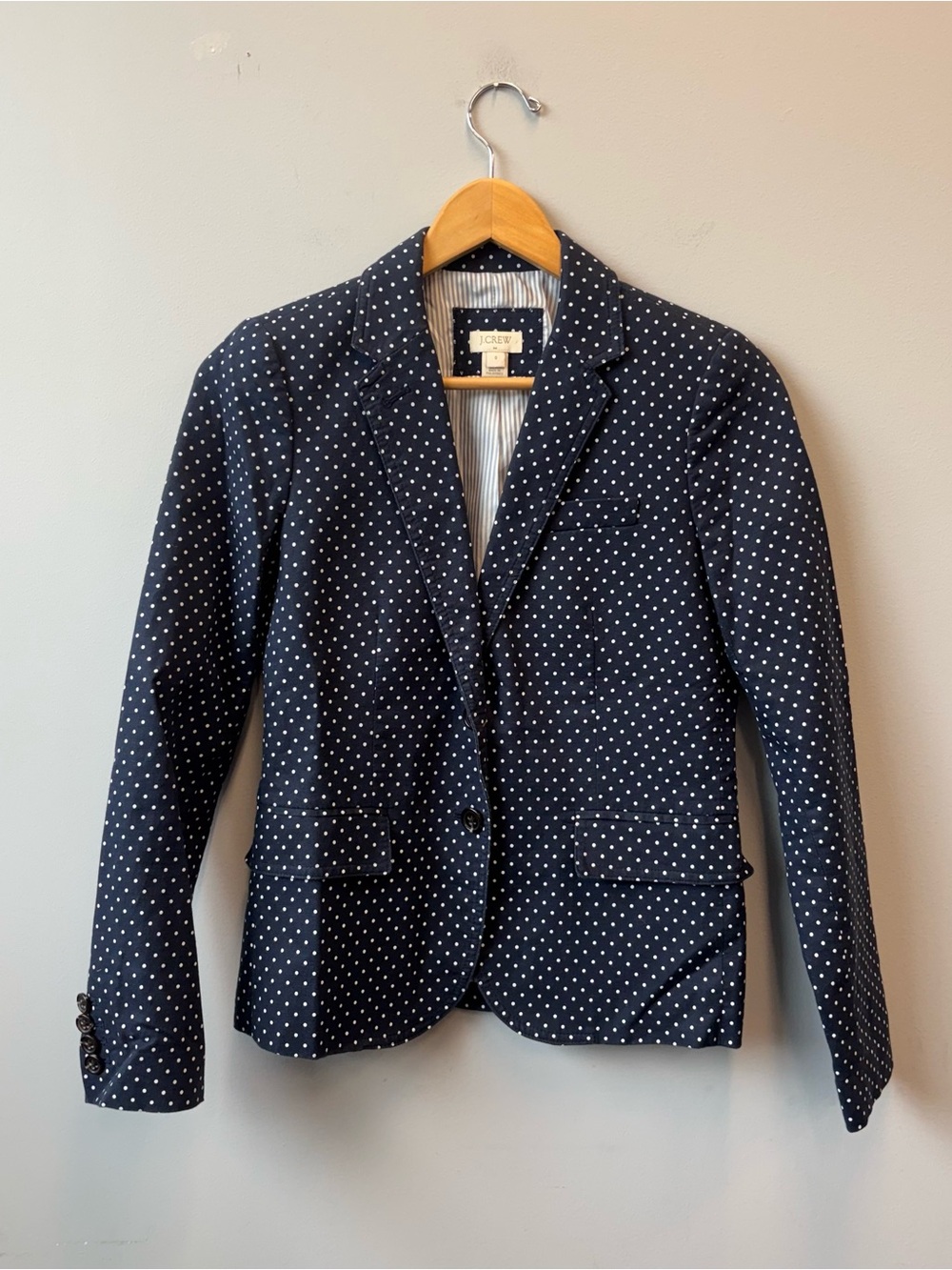 J Crew Navy and White Polka Dot Blazer Linen Blend